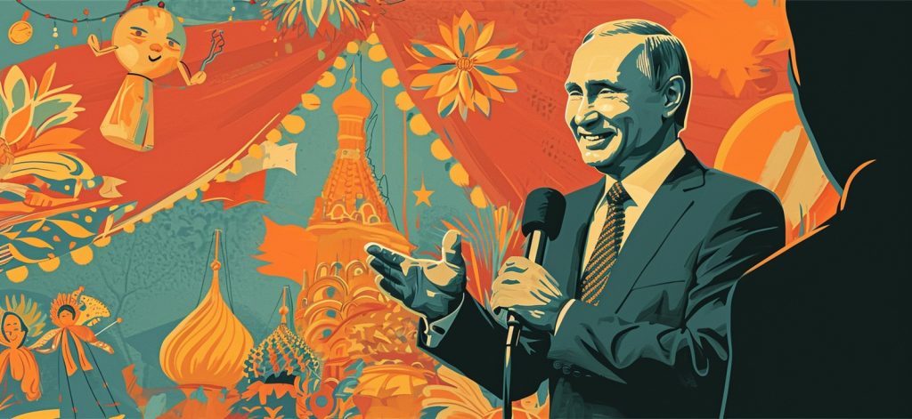 Иллюстрация Путина, обращающегося к аудитории, на фоне русских национальных мотивов