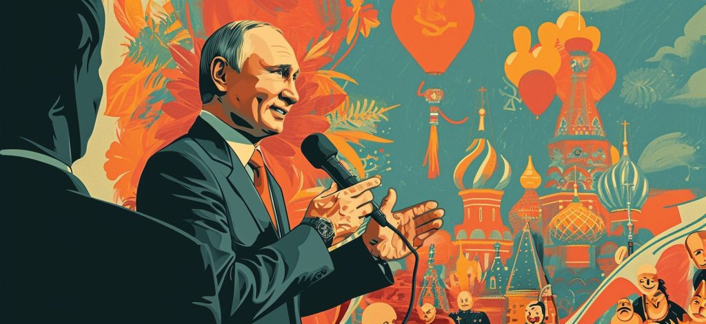 Векторная карикатура Путина на фоне русской народной культуры и архитектуры
