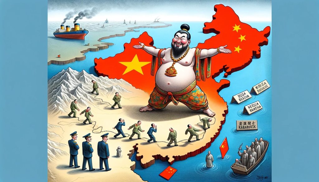 Карикатурная иллюстрация китайского влияния на российские территории с персонажем китайцем в центре карты