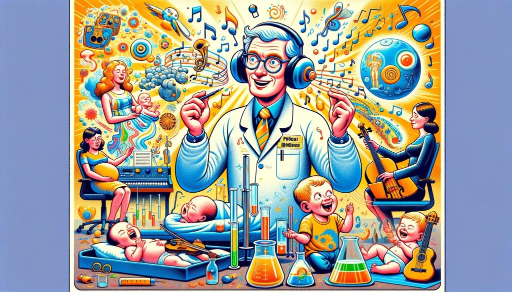 Цветная иллюстрация на тему "Музыкальная фармакология", где учёный Роберт Шофлер окружен детьми и музыкальными инструментами