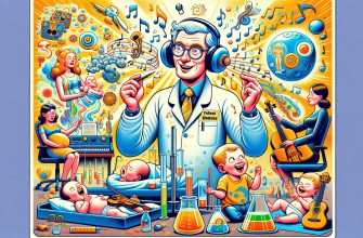 Цветная иллюстрация на тему "Музыкальная фармакология", где учёный Роберт Шофлер окружен детьми и музыкальными инструментами