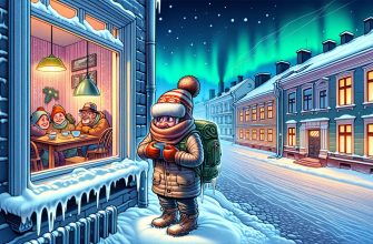Зимний вечер в Финляндии с северным сиянием и одиноким путешественником