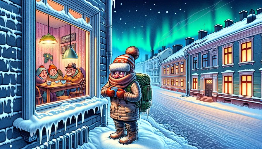 Зимний вечер в Финляндии с северным сиянием и одиноким путешественником