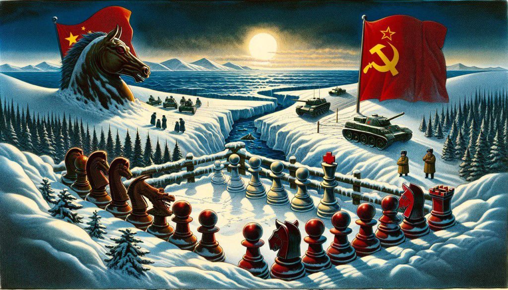 Арт-иллюстрация с шахматами и военной техникой на фоне заснеженного ландшафта с советской и китайской символикой
