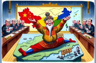Карикатурная иллюстрация подписания соглашения о российско-китайской границе с довольным персонажем одетым в традиционную китайскую одежду на фоне карты