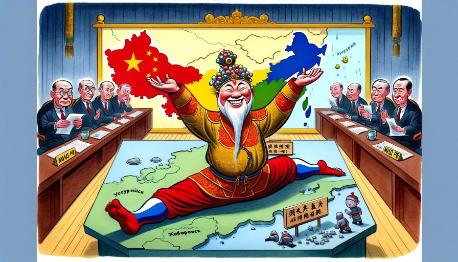 Карикатурная иллюстрация подписания соглашения о российско-китайской границе с довольным персонажем одетым в традиционную китайскую одежду на фоне карты