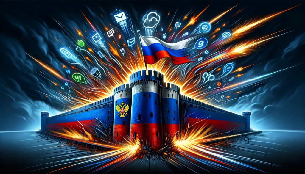 Страждущая крепость с российским флагом, окружённая символами информационных технологий и кибербезопасности