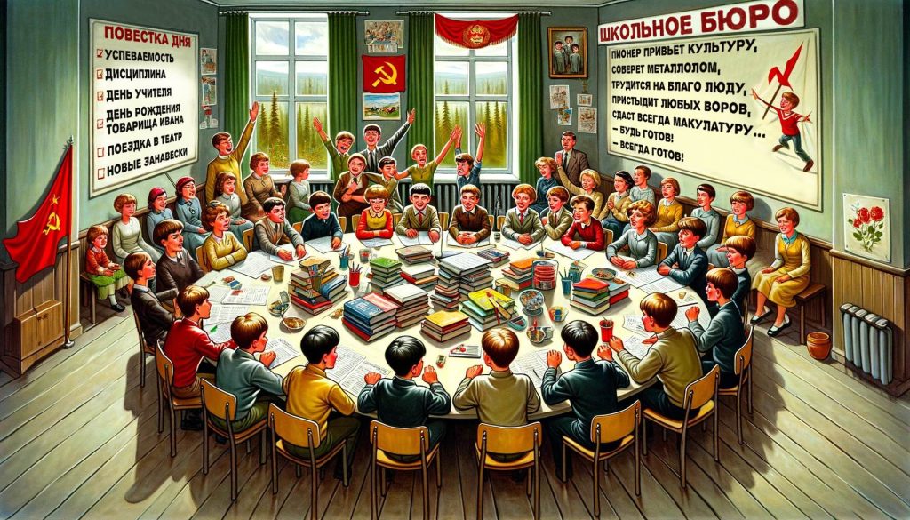 Студенты обсуждают в школьном бюро в советской учебной комнате
