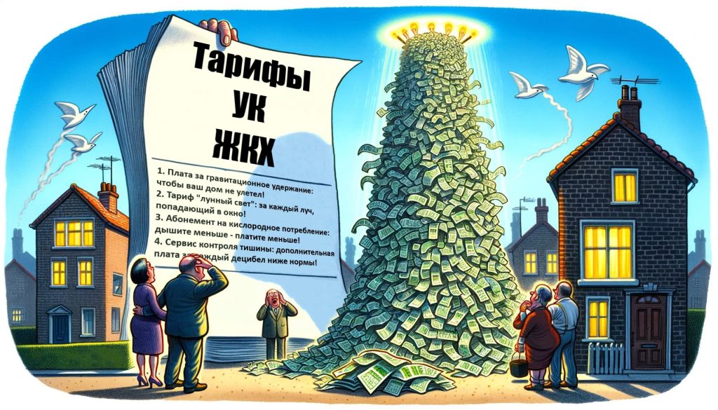 Карикатура на абсурдные тарифы ЖКХ, с горой денег и удивленными жильцами, читающими список выдуманных платежей