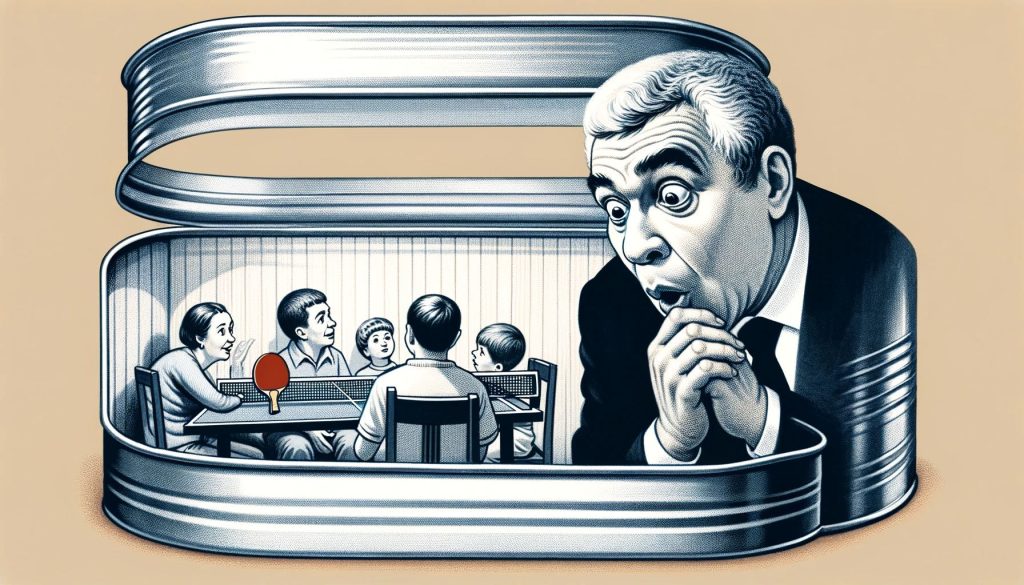 Карикатура о политической сатире, где чиновник в шоке от увиденного сценария семейной жизни в квартире размером в консервную банку