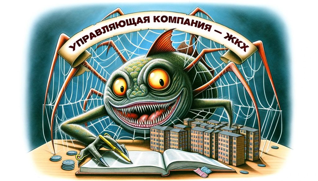 Карикатурное изображение монстра в виде паука, символизирующего УК-ЖКХ, сидящего на модели домов и держащего в руках ручку