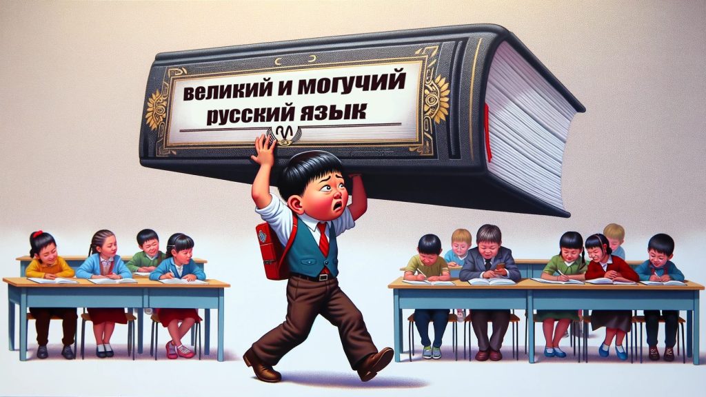 Карикатурное изображение школьника-мигранта, изучающего русский язык, с огромной книгой над головой