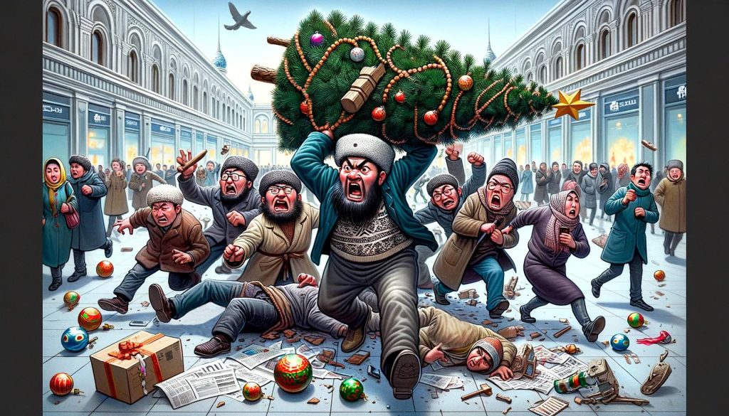 Анимированное изображение мигрантов, выбрасывающих рождественскую елку в городской среде