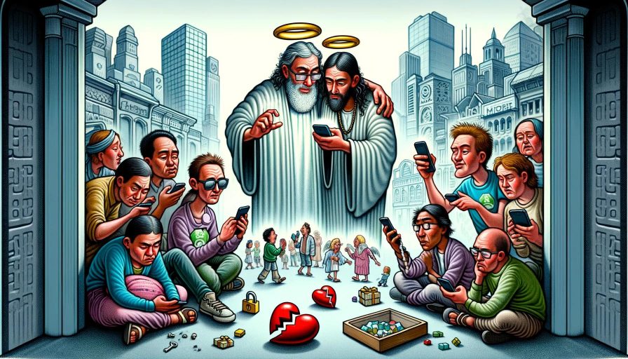 Карикатура показывает людей, поглощенных рыночной зависимостью, и культ рынка как новой религии