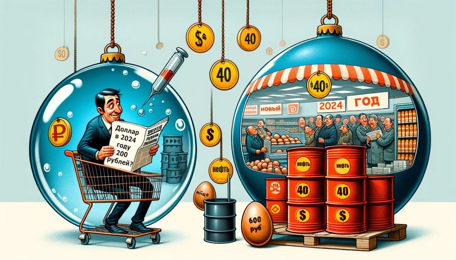 Карикатурное изображение экономических прогнозов с долларом по 200 рублей и падением цен на нефть