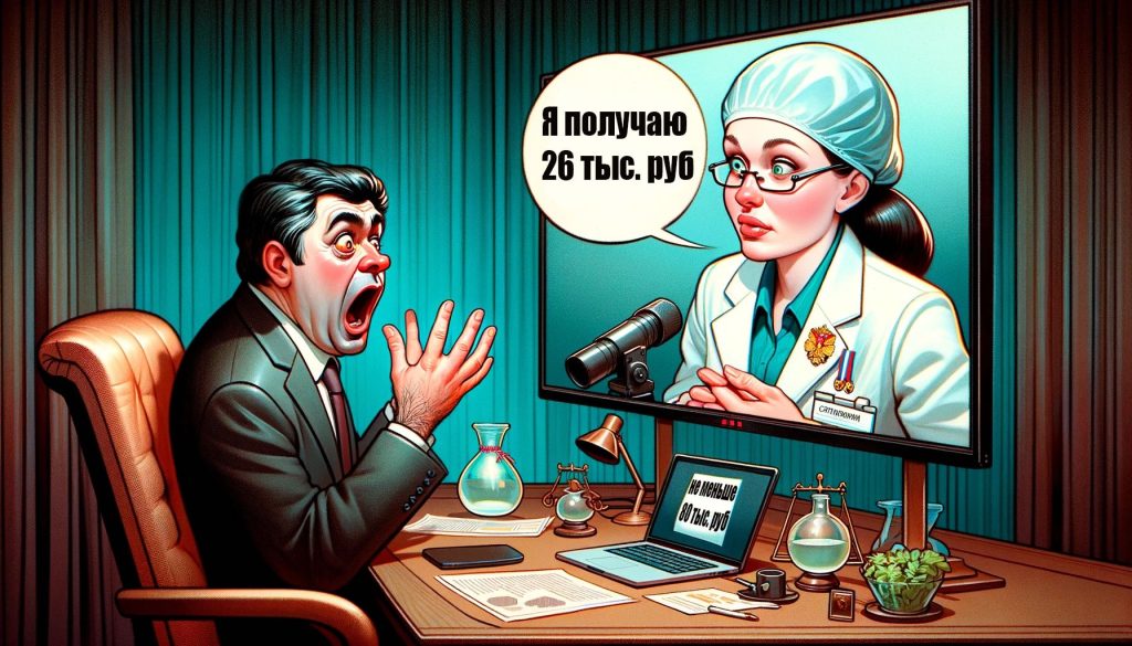 Карикатура чиновника, удивленного низкой зарплатой научного сотрудника в России