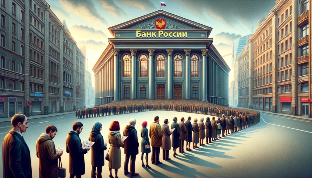 Иллюстрация очереди людей перед Банком России, символизирующая востребованность российского рубля в постсоветской экономической реальности