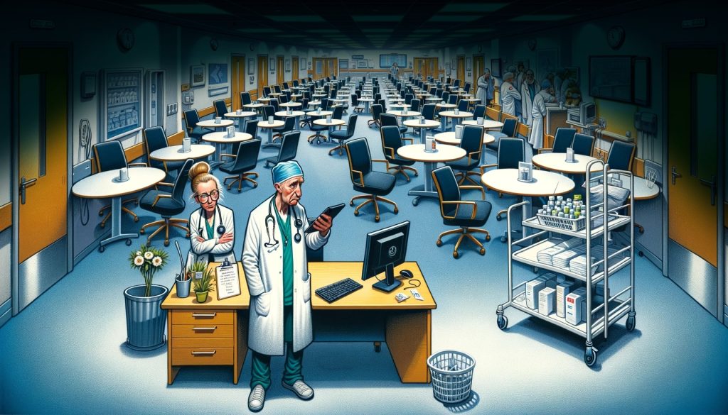 Иллюстрация пустого медицинского офиса с двумя врачами, смотрящими на планшет