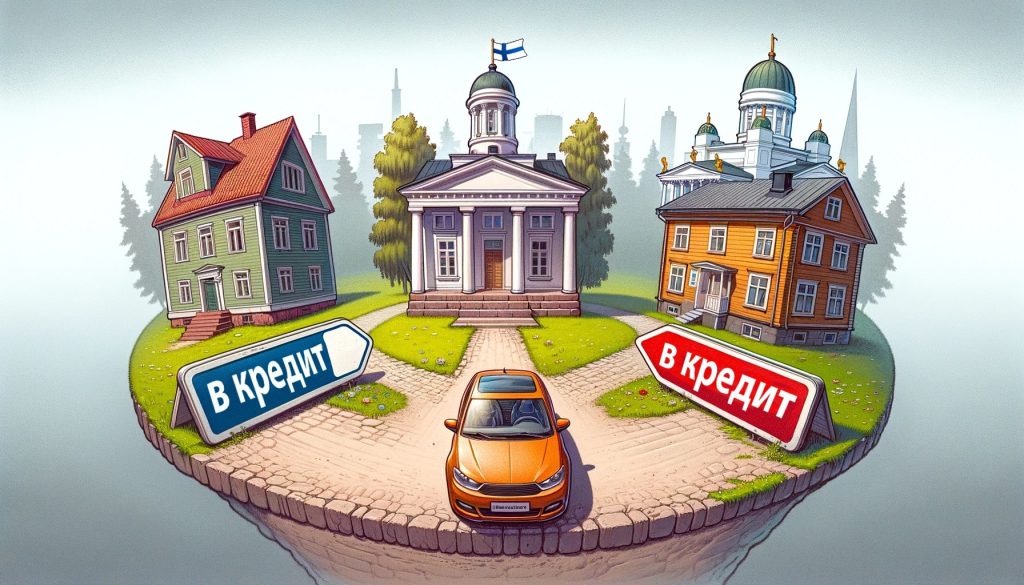 Карикатурное изображение с домами, университетом и автомобилем на фоне финских флагов, указатели 'в кредит' по обе стороны дороги