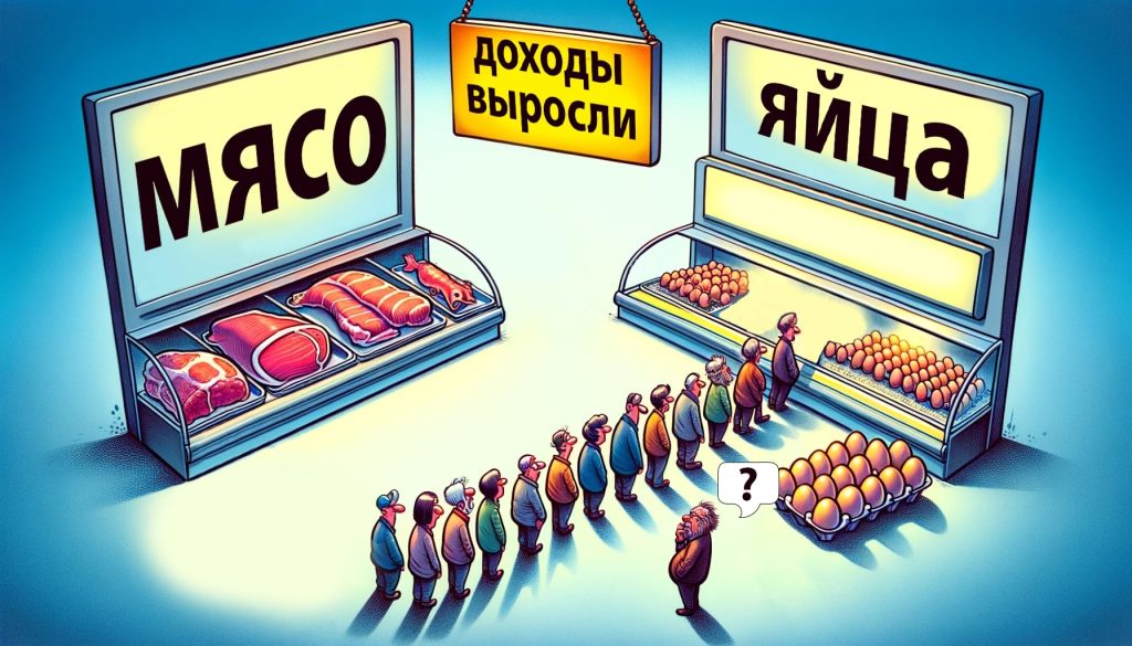 Иллюстрация выражения сомнений покупателей относительно заявлений о росте доходов на фоне высоких цен на яйца