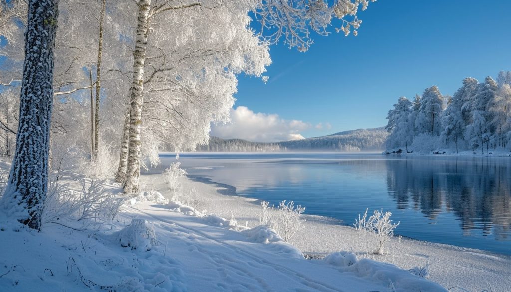 Зимний пейзаж Финляндии с сияющими деревьями, покрытыми снегом, на фоне спокойного озера