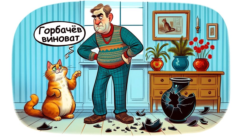 Мужчина с недовольным выражением лица смотрит на на кота, разбившего вазу, в то время как кот обвиняет в своих действиях Горбачёва
