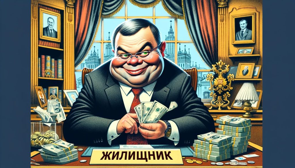 Карикатура главы ЖИЛИЩНИКа считающего деньги