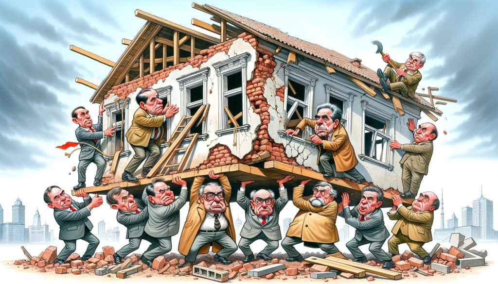 Карикатурное изображение команды Гайдара, укрепляющей фундамент разрушающегося дома, символизирующего экономику СССР