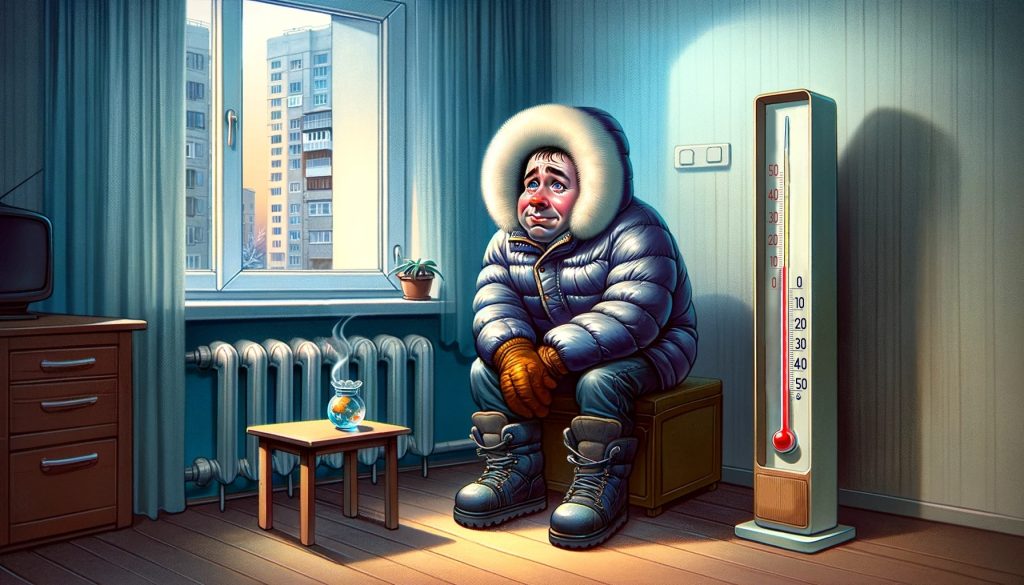 Человек в зимней одежде сидит в холодной квартире из-за аварии в системе ЖКХ