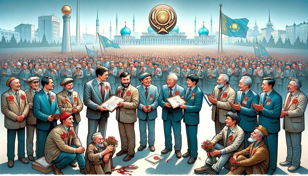 Группа уважаемых казахстанцев получает награды на фоне Алматы