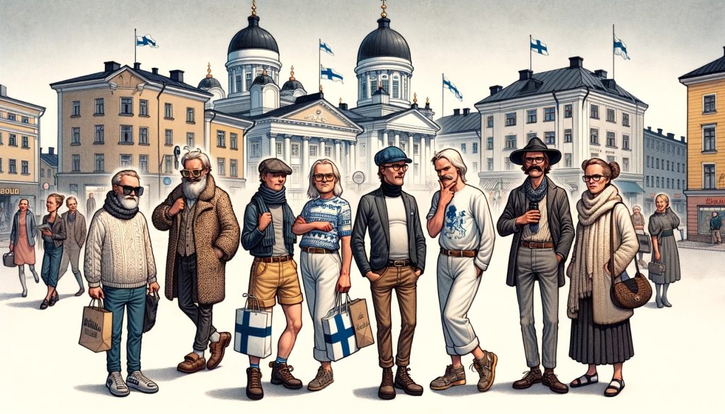 Иллюстрация группы финнов в разнообразной одежде на фоне финской архитектуры, демонстрирующая индивидуальность и практичность