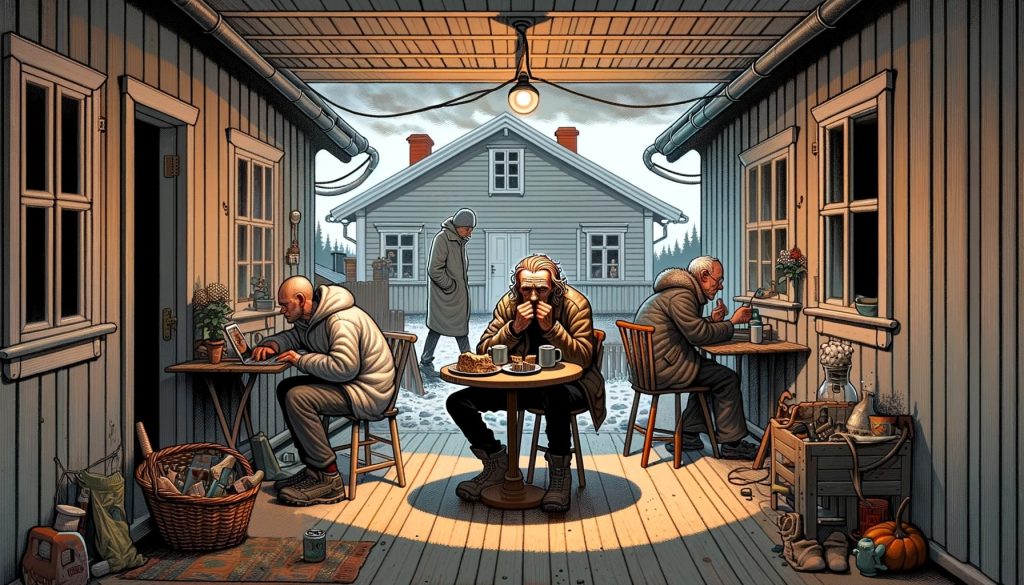 Иллюстрация трех мужчин на веранде финского дома, погруженных в свои мысли и действия, олицетворяющих культуру одиночества