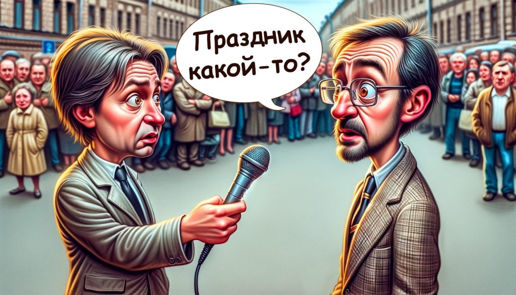 Репортер задаёт вопрос прохожему на улице Москвы в сатирической иллюстрации