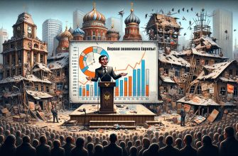 Сатирическое изображение политика перед экономической диаграммой с руинами на фоне