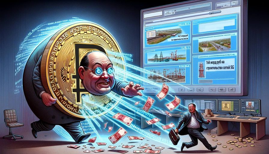 Карикатурное изображение мужчины, выходящего из монеты цифрового рубля, и второго, чиновника бегущего с чемоданом денег, с информационными экранами на заднем плане