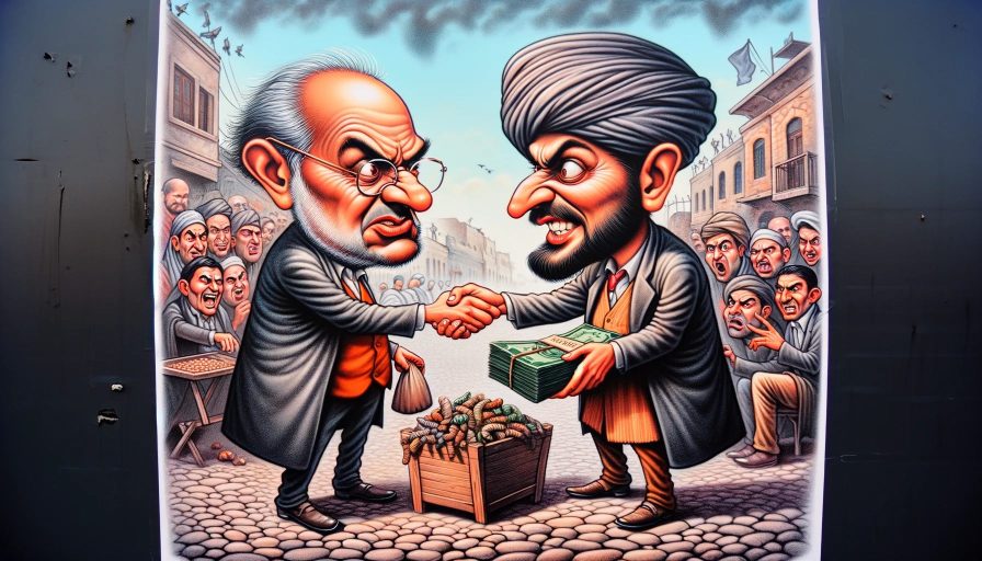 Карикатурное изображение двух мужчин, пожимающих друг другу руки на фоне толпы в городской среде, символизирующее рыночные отношения