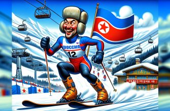 Карикатура русского лыжника на фоне горнолыжного курорта Масикрён в КНДР