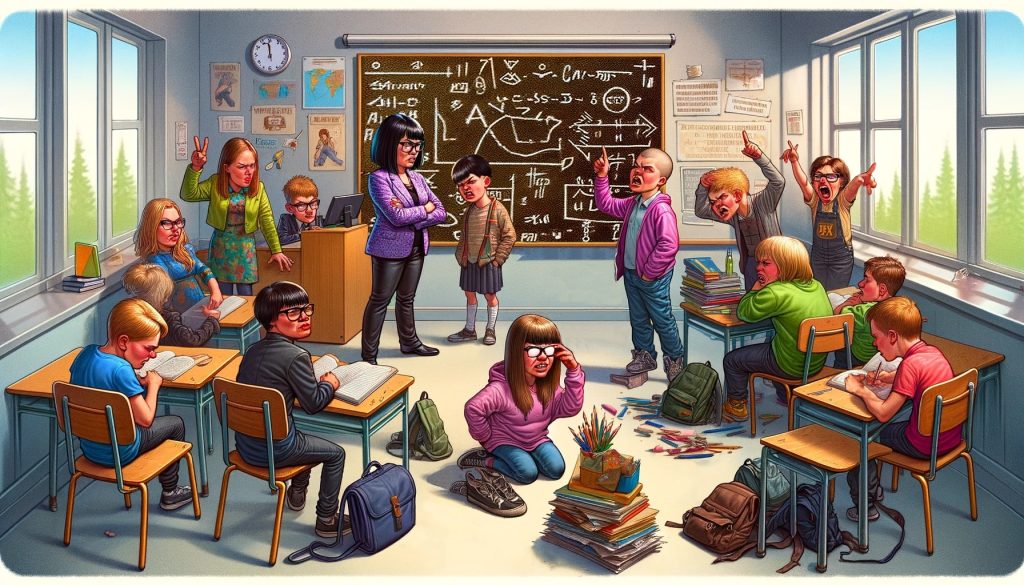 Карикатурное изображение школьного класса в Финляндии с активными и разнообразными действиями учеников