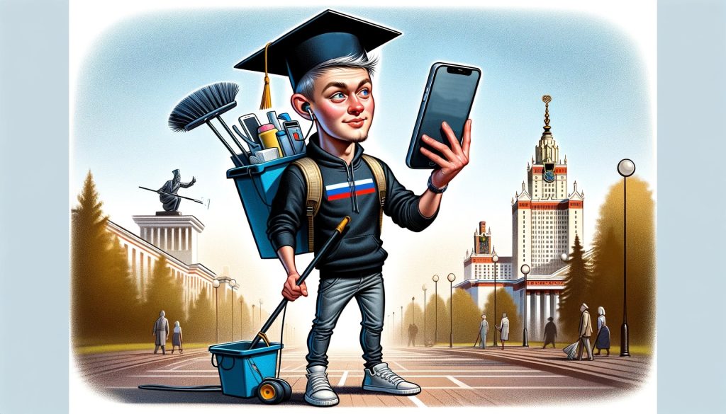 Студент-дворник со смартфоном и уборочным инвентарем