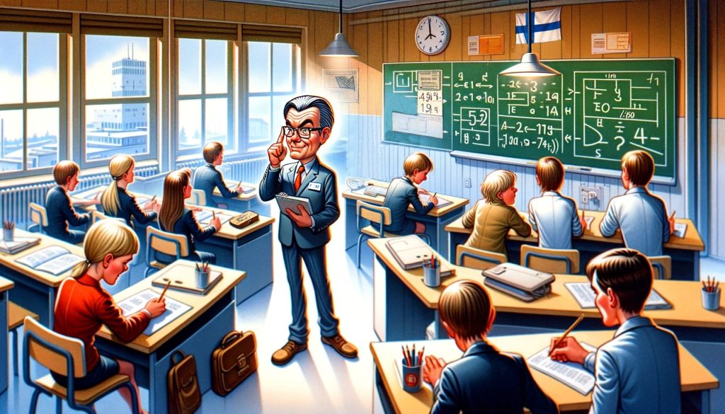 Иллюстрация финского класса с внимательными учениками и учителем, ведущим урок математики