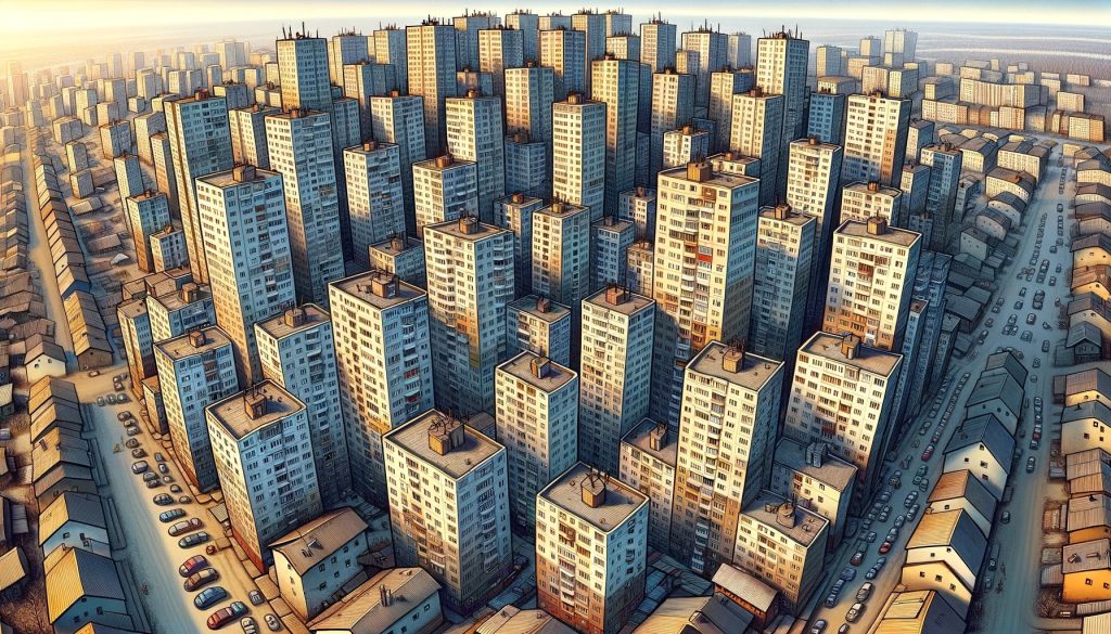 Городской пейзаж с множеством однотипных высотных зданий
