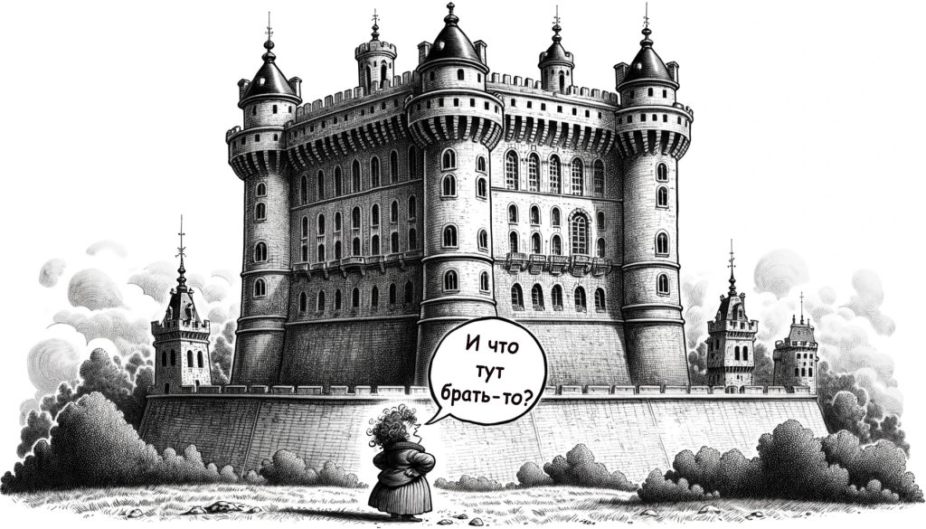 Чёрно-белая иллюстрация крепости Бастилии с фигурой на переднем плане, задающей вопрос
