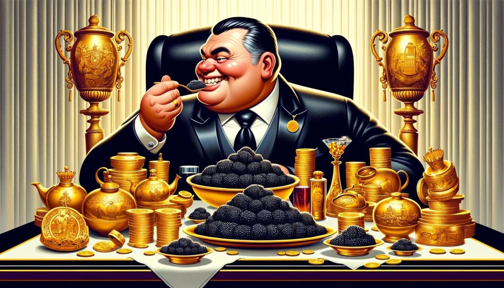 Карикатура российского чиновника, окружённого золотыми предметами и икрой