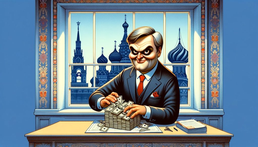 Чиновник с кучей взяток на фоне Кремля