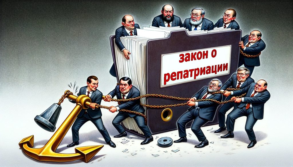 Иллюстрация препятствий в принятии закона о репатриации с чиновниками тянущими якорь