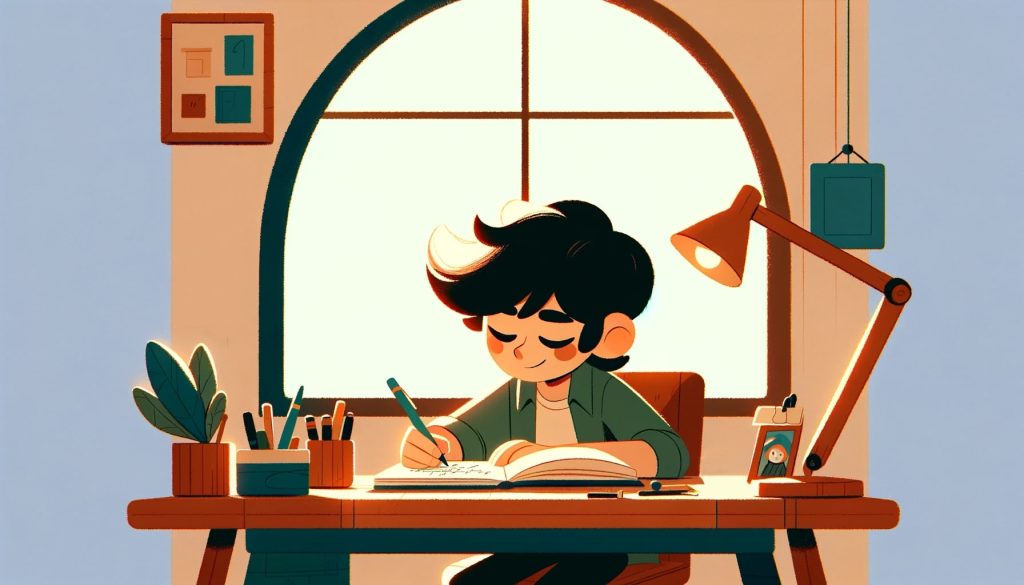 Молодой человек с улыбкой пишет в дневник на рабочем столе с растениями и настольной лампой