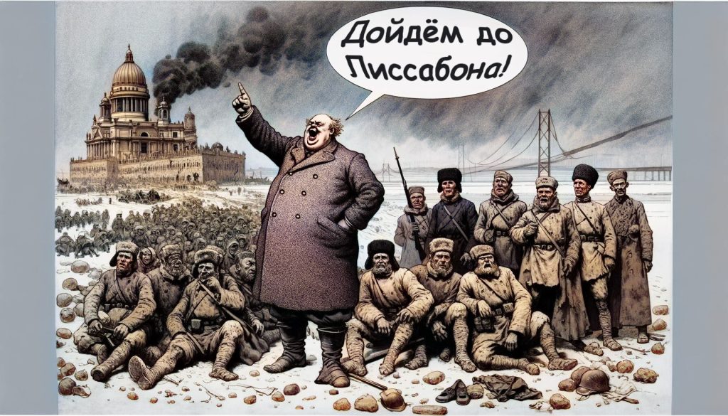 Карикатурный рисунок мужчины в гражданской одежде, указывающего вдаль, перед утомленными солдатами, с надписью "Дойдем до Лиссабона!" на фоне зимнего пейзажа