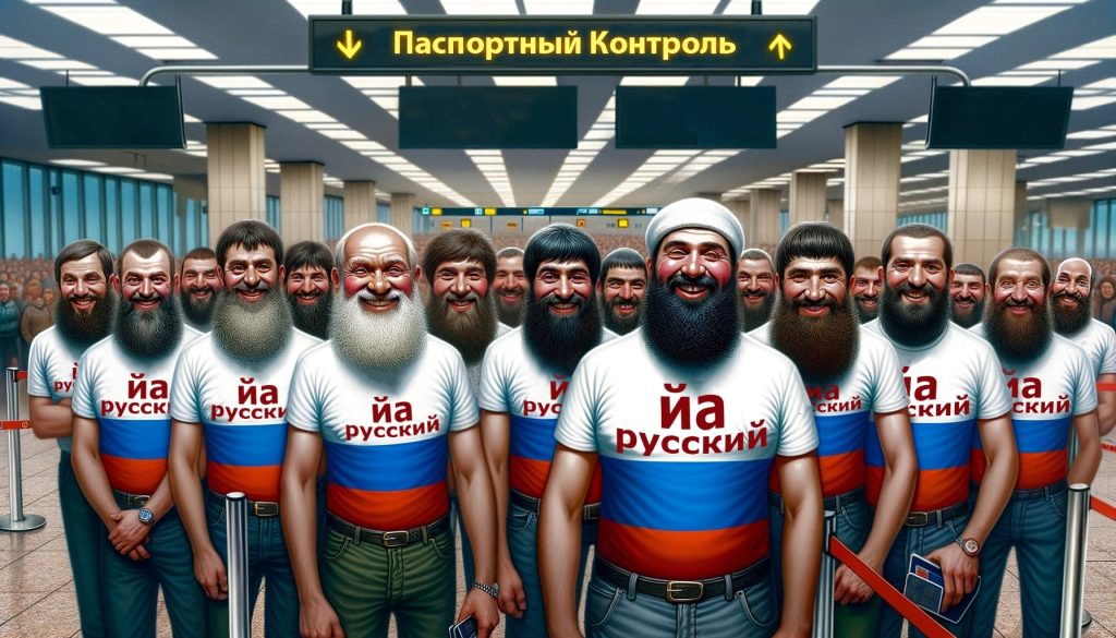 Группа нерусских на паспортном контроле с надписью "йа русский" на фоне аэропорта