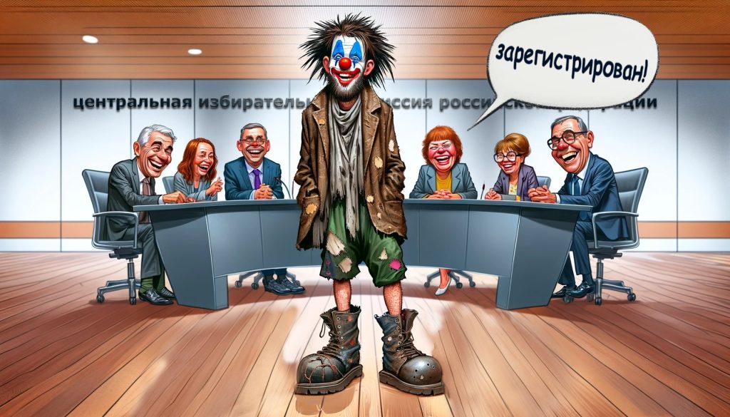 Карикатурное изображение группы смеющихся чиновников, регистрирующих неопрятного клоуна как кандидата, символизирующее политическую сатиру