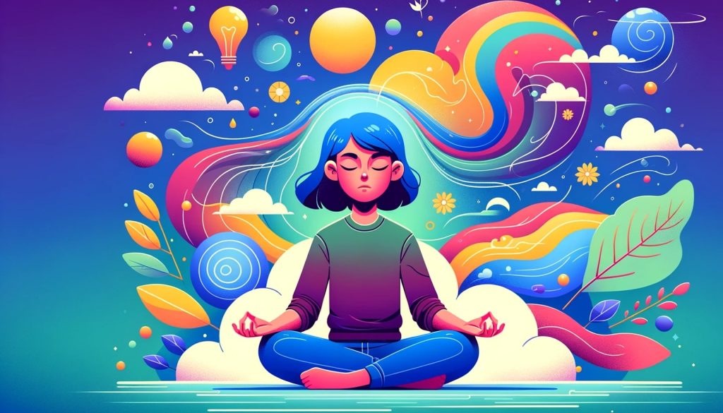 Картина медитирующего человека с закрытыми глазами, окруженного цветными абстрактными элементами, символизирующими эмоциональный баланс и мир